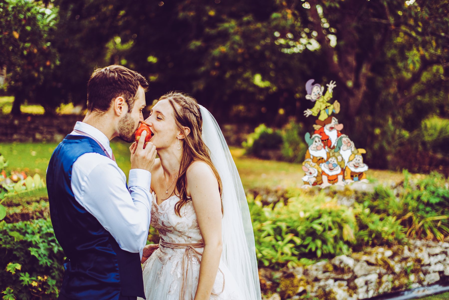 Special effects wedding photo example with cartoon characters in the background