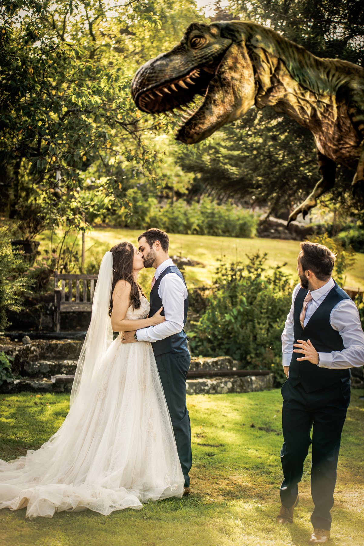 Special effects wedding photo example with a dinosaur photo bomb